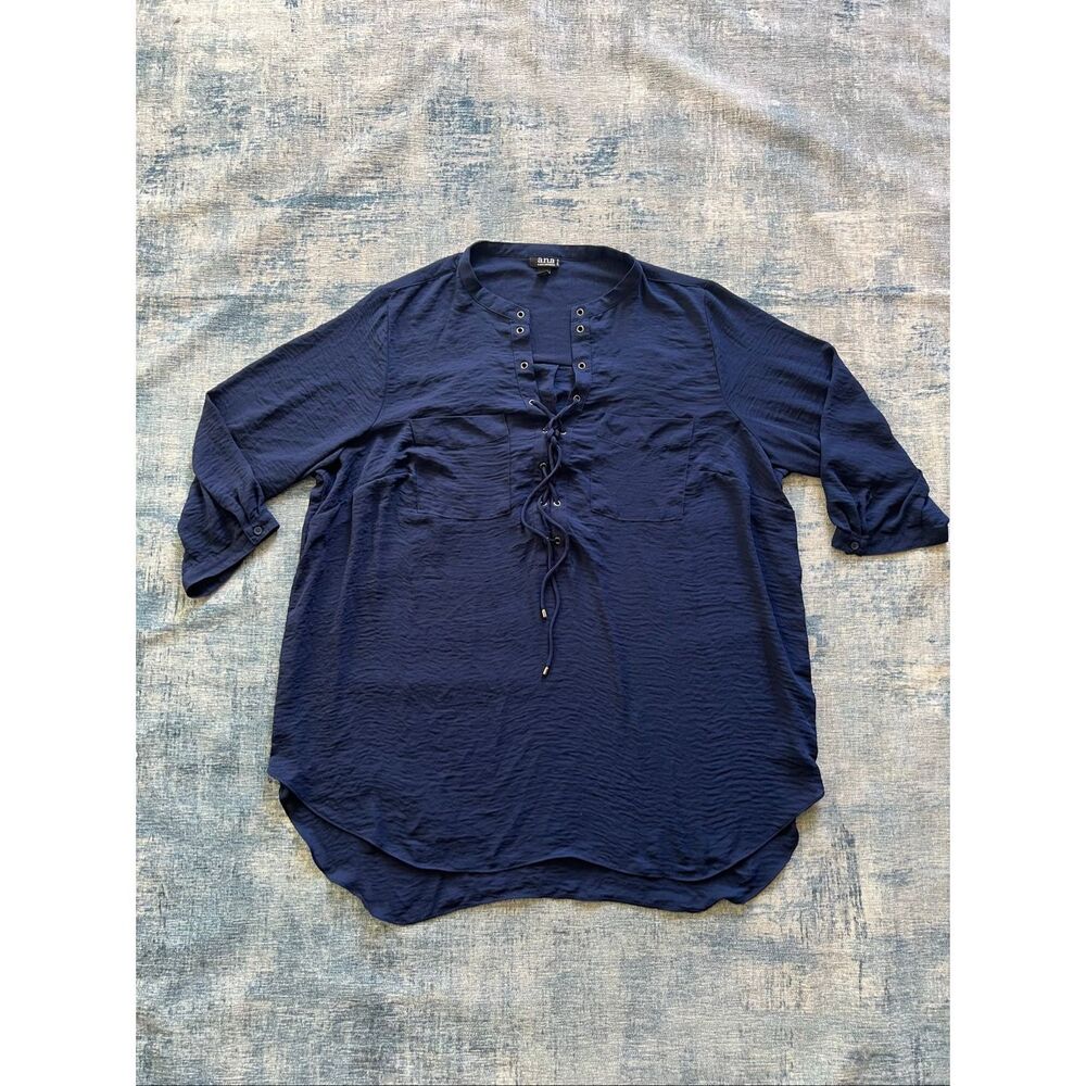 ana A New Approach Navy Double Breast Pocket Lace Up Neckline Blouse 2X
